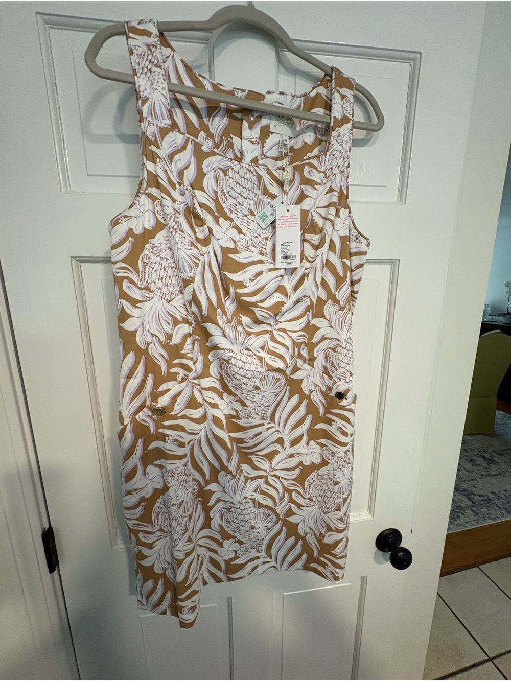 Lilly Pulitzer Tan and White Floral-Print Mini Dress gold buttons with tags